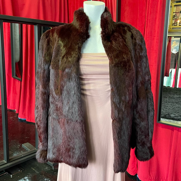 90s Y2K Burgundy Red Dyed Rabbit Fur Coat Luxury Womens M Soft Vamp Plush - Picture 2 of 9